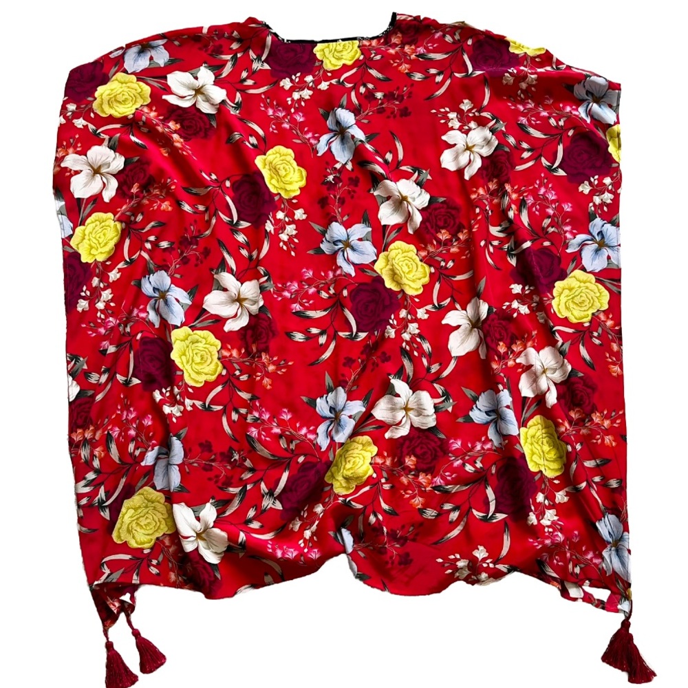 JOHNNY WAS JADE 100% Silk Vega Floral-Print V-Neck Silk Tunic w/ Tassels Artsy - Picture 4 of 11